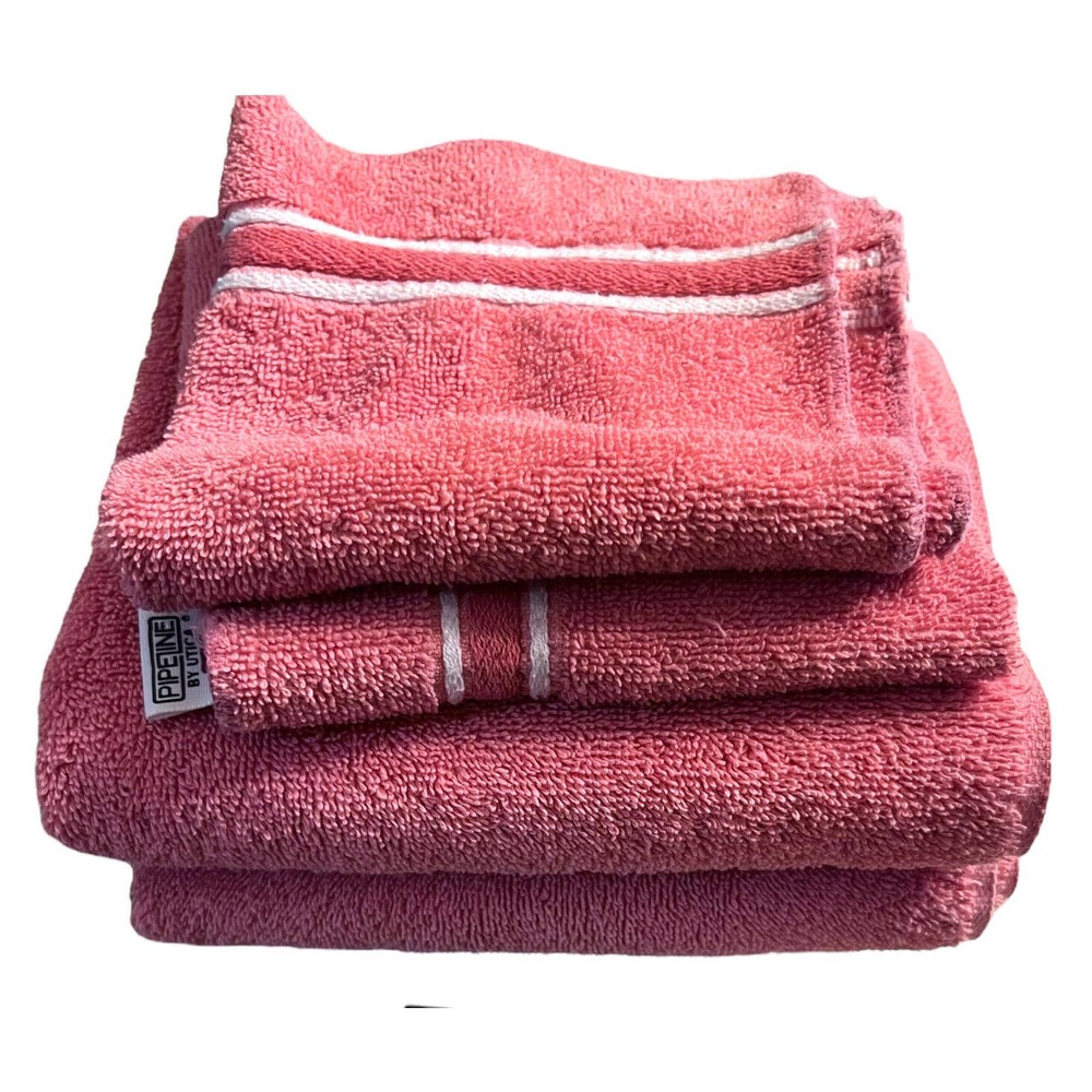 Vintage MCM Utica 2 Pink Salmon Hand Towels & Washcloths White Stripe EUC‎